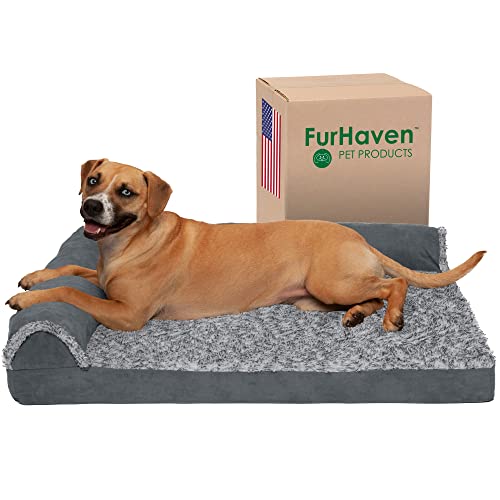 Furhaven Großes kühlendes Gel-Schaumstoff-Hundebett, zweifarbig, Kunstfell und Wildleder, L-förmiges Chaisel, mit abnehmbarem, waschbarem Bezug, Steingrau, Größe L von Furhaven
