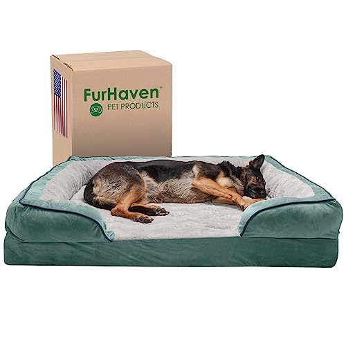 Furhaven XXL Memory Foam Dog Bed Perfect Comfort Plush & Velvet Waves Sofa-Style w/Removable Washable Cover - Celadon Green, Jumbo Plus (XX-Large) von Furhaven