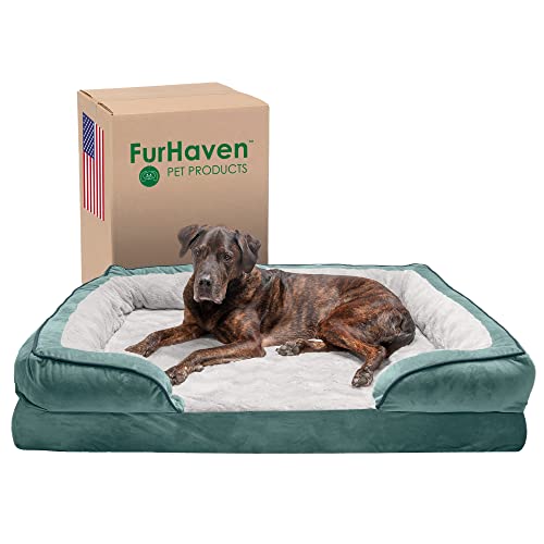 Furhaven XXL Memory Foam Dog Bed Perfect Comfort Plush & Velvet Waves Sofa-Style w/Removable Washable Cover - Celadon Green, Jumbo Plus (XX-Large) von Furhaven