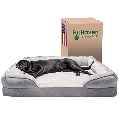 Furhaven XXL kühlendes Gel-Schaumstoff-Hundebett, Perfekter Komfort, Plüsch & Samtwellen, Sofa-Stil mit abnehmbarem, waschbarem Bezug, Granitgrau, Jumbo Plus (Größe XXL) von Furhaven