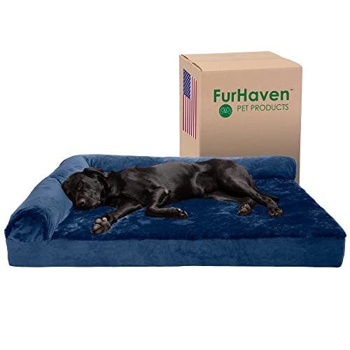 Furhaven Kühlendes Gel Hundebett für große Hunde mit abnehmbaren Nackenrollen und waschbarem Bezug, für Hunde bis zu 56,7 kg – Plüsch & Samt L-förmige Chaiselongue – Deep Sapphire, Jumbo Plus/XXL von Furhaven