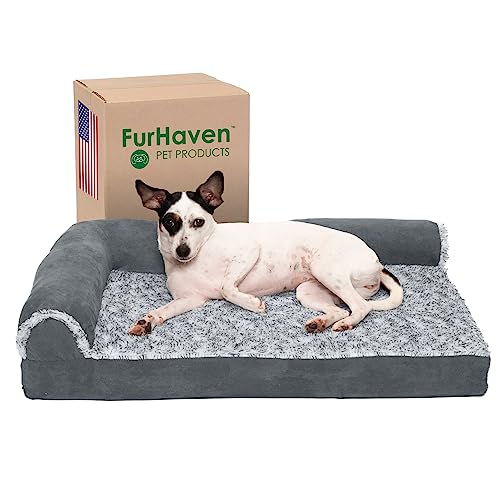 Furhaven Medium Memory Foam Dog Bed Two-Tone Faux Fur & Suede L Shaped Chaise w/Removable Washable Cover - Stone Gray, Medium von Furhaven