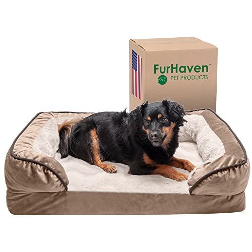 Furhaven Hundebett, kühlendes Gel-Schaumstoff, Perfekter Komfort, Plüsch und Samt, Wellen, Sofa-Stil, mit abnehmbarem, waschbarem Bezug, Braunstone, Größe M von Furhaven