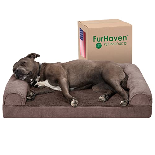 Furhaven Large Orthopedic Dog Bed Faux Fur & Velvet Sofa-Style w/Removable Washable Cover - Driftwood Brown, Large von Furhaven