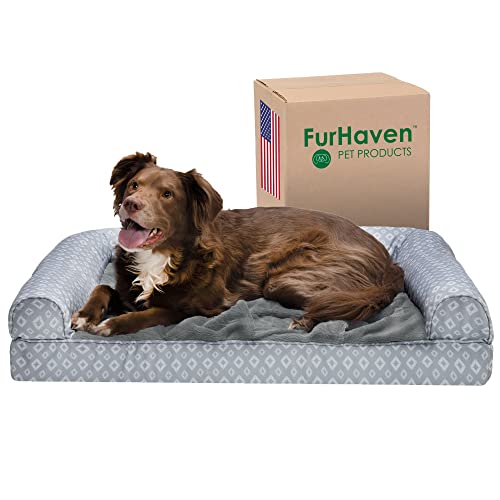 FurHaven XL Memory Foam Hundebett Plüsch & Diamantdruck Nest Top Sofa-Stil mit abnehmbarem waschbarem Bezug – Grau, Jumbo (X-Large) von Furhaven