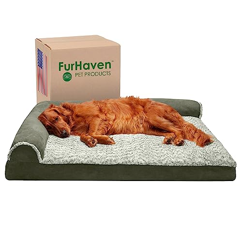 Furhaven XL Memory Foam Dog Bed Two-Tone Faux Fur & Suede L Shaped Chaise w/Removable Washable Cover - Dark Sage, Jumbo von Furhaven