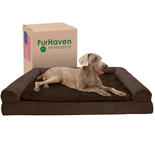 Furhaven Kühlendes Gel Hundebett für große Hunde mit abnehmbaren Nackenrollen und waschbarem Bezug, für Hunde bis zu 56,7 kg – Plüsch & Wildleder Sofa – Espresso, Jumbo Plus/XXL von Furhaven