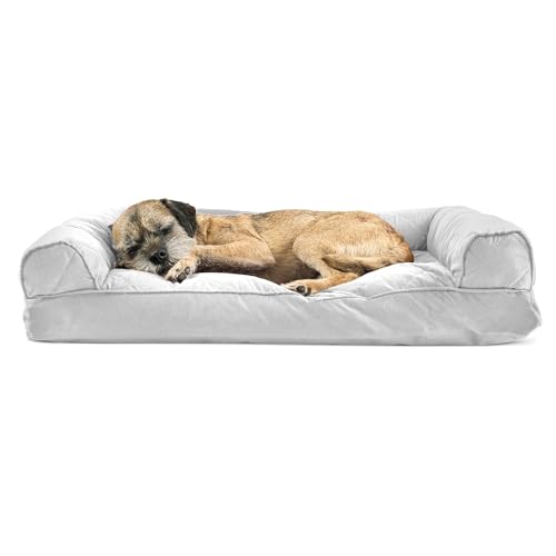 Furhaven Hundebett mit Kissen für mittelgroße und kleine Hunde, mit abnehmbaren Nackenrollen und waschbarem Bezug, gestepptes Sofa, Silbergrau, Größe M von Furhaven