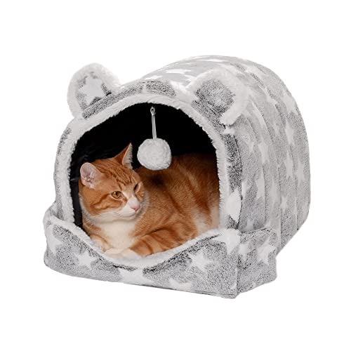 Furhaven Small Cat Bed Cozy Cave-Bear Fleece & Faux Fur Foldable Pet Tent, Washable - Silver Stars, Small von Furhaven