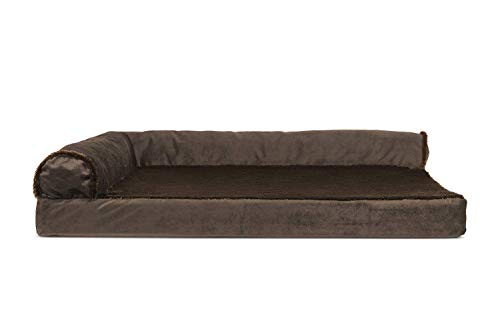 Furhaven Kühlendes Gel-Hundebett für große und mittelgroße Hunde mit abnehmbaren Nackenrollen und waschbarem Bezug, für Hunde bis zu 25 kg – Plüsch und Samt, L-förmige Chaiselongue, Größe L, Braun von Furhaven