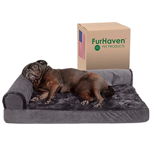 Furhaven Kühlendes Gel-Hundebett für mittelgroße und kleine Hunde mit abnehmbaren Nackenrollen und waschbarem Bezug, für Hunde bis zu 15,9 kg, Plüsch und Samt, L-förmige Chaiselette, Platingrau, Größe von Furhaven