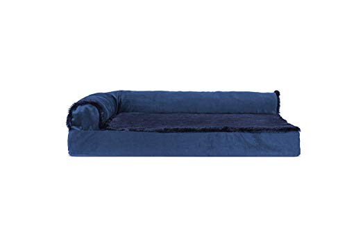 Furhaven Kühlendes Gel-Hundebett für mittelgroße und kleine Hunde mit abnehmbaren Nackenrollen und waschbarem Bezug, für Hunde bis zu 15,9 kg, Plüsch und Samt, L-förmige Chaiselongue, tiefes Saphir, von Furhaven