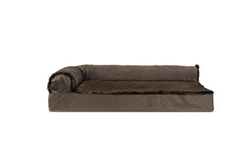 Furhaven Kühlendes Gel-Hundebett für mittelgroße und kleine Hunde mit abnehmbaren Nackenrollen und waschbarem Bezug, für Hunde bis zu 15,9 kg – Plüsch und Samt, L-förmige Chaiseliere – Zobelbraun, von Furhaven
