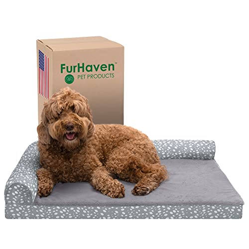 Furhaven Large Memory Foam Dog Bed Plush & Almond Print L Shaped Chaise w/Removable Washable Cover - Gray Almonds, Large von Furhaven