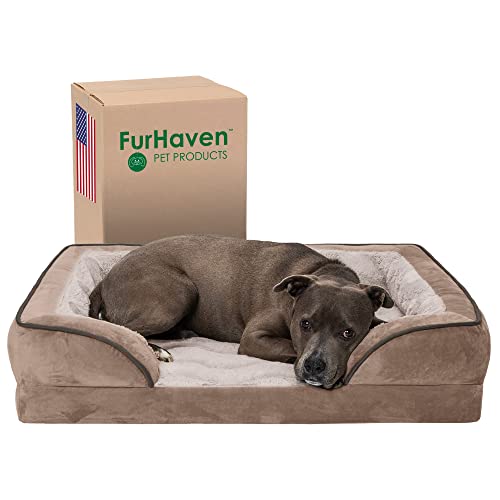 FurHaven Large Memory Foam Dog Bed Perfect Comfort Plush & Velvet Waves Sofa-Style w/Removable Washable Cover - Brownstone, Large von Furhaven