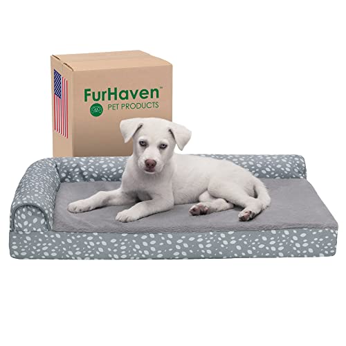 Furhaven Medium Memory Foam Dog Bed Plush & Almond Print L Shaped Chaise w/Removable Washable Cover - Gray Almonds, Medium von Furhaven