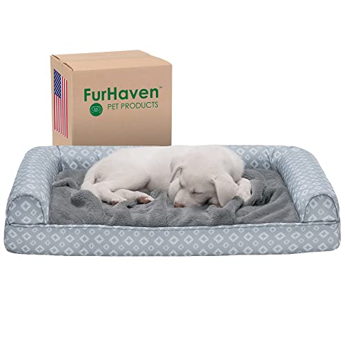 Furhaven Medium Memory Foam Dog Bed Plush & Diamond Print Nest Top Sofa-Style w/Removable Washable Cover - Gray, Medium von Furhaven