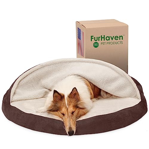 Furhaven Orthopädisches Hundebett für große Hunde, rund, mit abnehmbarem, waschbarem Bezug, für Hunde bis zu 36,3 kg – Sherpa & Wildleder Snuggery – Espresso, 111,8 cm von Furhaven