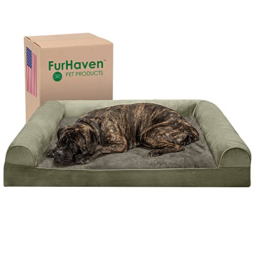 Furhaven XXL Orthopedic Dog Bed Faux Fur & Velvet Sofa-Style w/Removable Washable Cover - Dark Sage, Jumbo Plus (XX-Large) von Furhaven