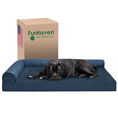 Furhaven XXL Orthopedic Dog Bed Plush & Almond Print L Shaped Chaise w/Removable Washable Cover - Blue Almonds, Jumbo Plus (XX-Large) von Furhaven