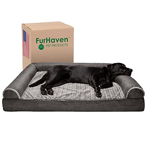 Furhaven Pet Dog Bed - Orthopedic Plush Luxe Faux Fur and Performance Linen Traditional Sofa-Style Living Room Couch Pet Bed with Removable Cover for Dogs and Cats, Charcoal, Jumbo Plus von Furhaven