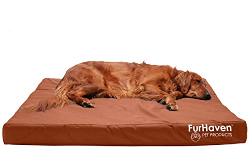 Furhaven Wasserabweisendes kühlendes Gel-Hundebett für große Hunde mit abnehmbarem, waschbarem Bezug, für Hunde bis zu 43 kg, Indoor/Outdoor, Logo-Druck, Oxford-Polycanvas-Matratze, Kastanie, Jumbo/XL von Furhaven