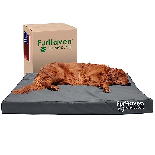 Furhaven Wasserabweisendes kühlendes Gel-Hundebett für große Hunde mit abnehmbarem, waschbarem Bezug, für Hunde bis zu 43 kg, Indoor/Outdoor, Logo-Druck, Oxford-Polycanvas-Matratze, Steingrau, von Furhaven