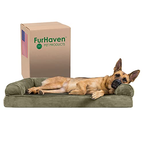Furhaven XL Memory Foam Dog Bed Faux Fur & Velvet Sofa-Style w/Removable Washable Cover - Dark Sage, Jumbo (X-Large) von Furhaven