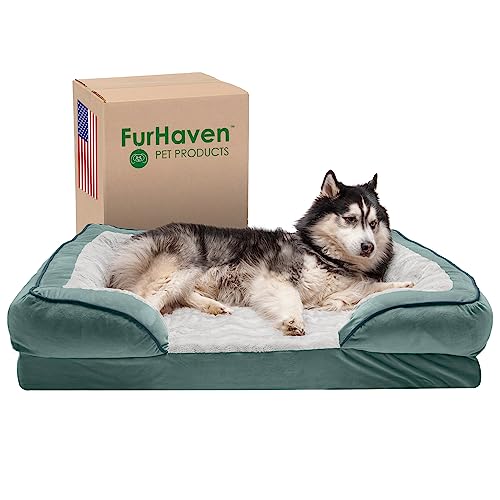 Furhaven XL Memory Foam Dog Bed Perfect Comfort Plush & Velvet Waves Sofa-Style w/Removable Washable Cover - Celadon Green, Jumbo (X-Large) von Furhaven