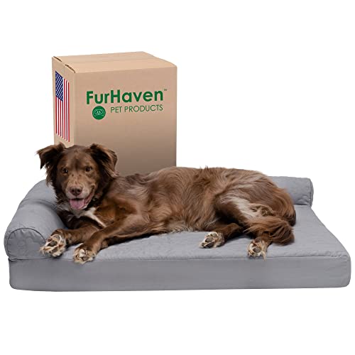 Furhaven XL Memory Foam Dog Bed Pinsonic Quilted Paw L Shaped Chaise w/Removable Washable Cover - Titanium, Jumbo (X-Large) von Furhaven
