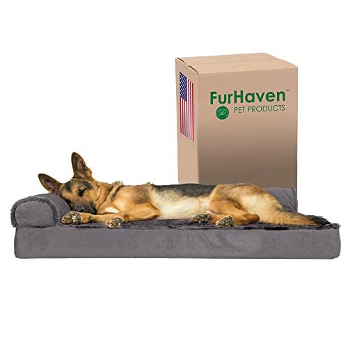 Furhaven XL Orthopedic Dog Bed Plush & Velvet L Shaped Chaise w/Removable Washable Cover - Platinum Gray, Jumbo (X-Large) von Furhaven