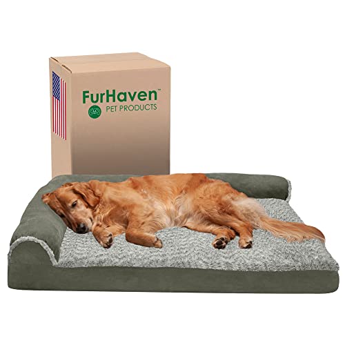 Furhaven XL Orthopedic Dog Bed Two-Tone Faux Fur & Suede L Shaped Chaise w/Removable Washable Cover - Dark Sage, Jumbo (X-Large) von Furhaven