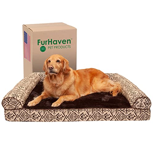 Furhaven Kühlendes Gel-Hundebett für große Hunde mit abnehmbaren Nackenrollen und waschbarem Bezug, für Hunde bis zu 43 kg – Plüsch & Southwest Kelim gewebtes Dekor-Sofa – Wüstenbraun, Jumbo/XL von Furhaven