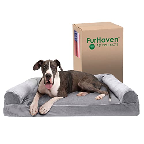 Furhaven XXL Memory Foam Dog Bed Faux Fur & Velvet Sofa-Style w/Removable Washable Cover - Smoke Gray, Jumbo Plus (XX-Large) von Furhaven
