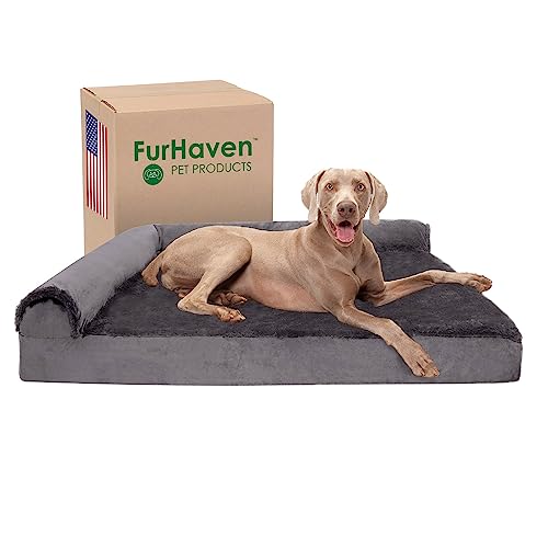 Furhaven XXL Memory Foam Dog Bed Plush & Velvet L Shaped Chaise w/Removable Washable Cover - Platinum Gray, Jumbo Plus (XX-Large) von Furhaven