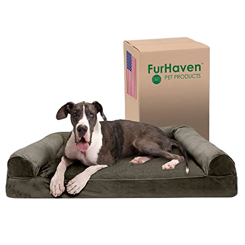 Furhaven XXL Memory Foam Dog Bed Faux Fur & Velvet Sofa-Style w/Removable Washable Cover - Dark Sage, Jumbo Plus (XX-Large) von Furhaven