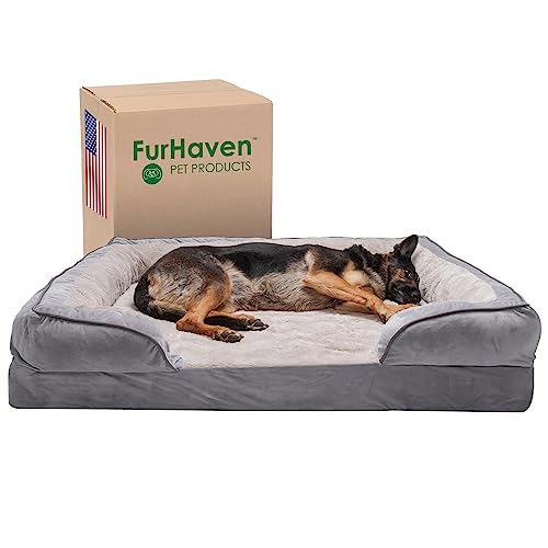 Furhaven XXL Memory Foam Dog Bed Perfect Comfort Plush & Velvet Waves Sofa-Style w/Removable Washable Cover - Granite Gray, Jumbo Plus (XX-Large) von Furhaven