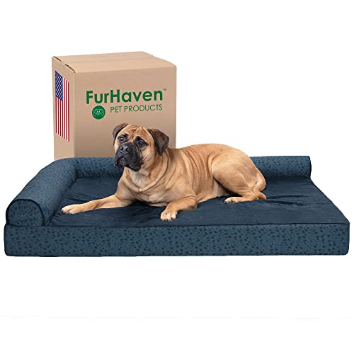 Furhaven XXL Memory Foam Dog Bed Plush & Almond Print L Shaped Chaise w/Removable Washable Cover - Blue Almonds, Jumbo Plus (XX-Large) von Furhaven