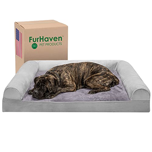 Furhaven XXL Orthopedic Dog Bed Faux Fur & Velvet Sofa-Style w/Removable Washable Cover - Smoke Gray, Jumbo Plus (XX-Large) von Furhaven