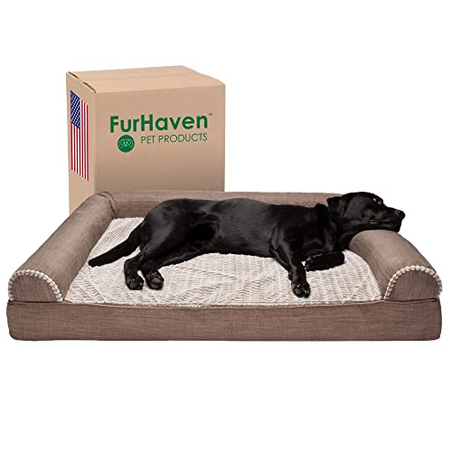 Furhaven XXL Orthopedic Dog Bed Luxe Faux Fur & Performance Linen Sofa-Style w/Removable Washable Cover - Woodsmoke, Jumbo Plus (XX-Large) von Furhaven