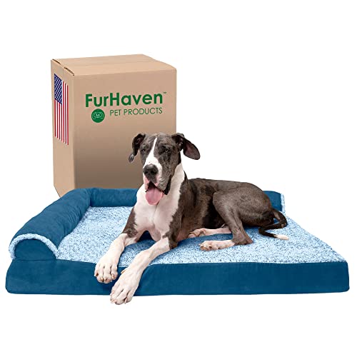 Furhaven XXL Orthopedic Dog Bed Two-Tone Faux Fur & Suede L Shaped Chaise w/Removable Washable Cover - Marine Blue, Jumbo Plus (XX-Large) von Furhaven