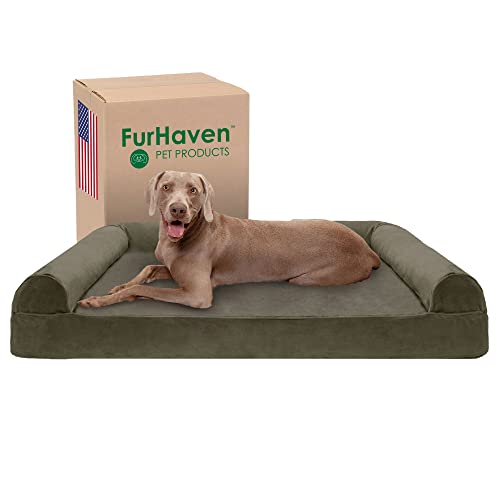 Furhaven XXL kühlendes Gel-Schaumstoff-Hundebett, Kunstfell und Samt, Sofa-Stil mit abnehmbarem, waschbarem Bezug, Dark Sage, Jumbo Plus (XXL) von Furhaven