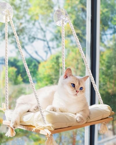 Katzenfensterstange – Katzenhängematte für Fenster – Massivholzsitz & Starke Saugnäpfe – Katzenfensterbett & Möbel für Katzen im Inneren – Hängendes Fensterregal für kleine, mittelgroße Indoor-Katzen von Furrfinity
