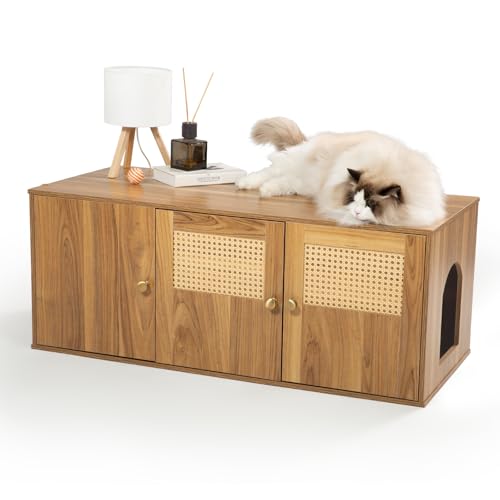Katzentoilette aus Holz mit Staufach mit verstellbarer Trennwand, versteckter Katzentoilette, Möbel und Flurtisch, Katzenkiste, 107 cm L x 47 cm B x 42 cm H (Eiche, Rattan) von Furriends