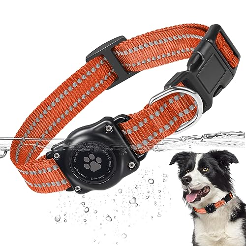 Airtag Hundehalsband, 100% Wasserdicht Integriertes Apple Air Tag Hundehalsbänder, Reflektierendes GPS Hundehalsband mit Hartem PC AirTag Halter Hülle für Kleine Mittlere Große Hunde (Orange) von Furrigo