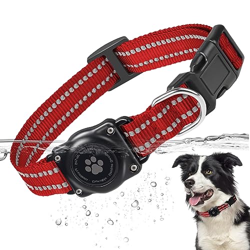Airtag Hundehalsband, 100% Wasserdicht Integriertes Apple Air Tag Hundehalsbänder, Reflektierendes GPS Hundehalsband mit Hartem PC AirTag Halter Hülle für Kleine Mittlere Große Hunde (Rot) von Furrigo