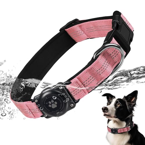 Integriertes AirTag-Hundehalsband, IPX8 wasserdichte Airtag-Halterung, reflektierend für Sicherheit, staubdicht, ultra-langlebig, bequem gepolstert, für Hunde (Rosa, L) von Furrigo