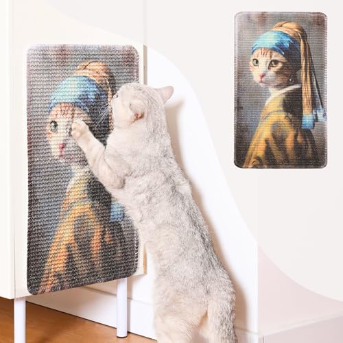 Furrther Sisal-Kratzbaummatte (Verwendung an Wand, Couch und Teppich), fusselfeste Kratzfläche – 55 x 33 cm, mit Kreolen- und Schlaufenklebstoffen, Pads und Drehstiften (Katze mit Perlenohrring) von Furrther