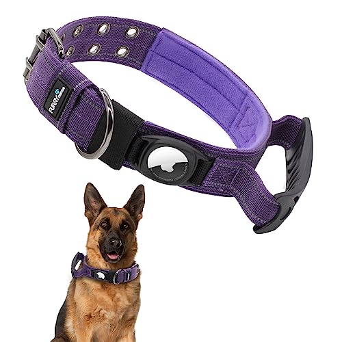 Furry Friends Airtag Hundehalsband, Taktisches Gepolstert Nylon Halsband Hund mit Griff, Verstellbare Metallschnalle GPS Hundehalsbänder für Mittlere Große Hunde(L, Lila) von Furry friends