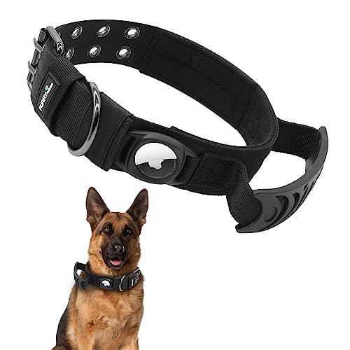 Furry Friends Airtag Hundehalsband, Taktisches Gepolstert Nylon Halsband Hund mit Griff, Verstellbare Metallschnalle GPS Hundehalsbänder für Mittlere Große Hunde(M, Schwarz) von Furry friends